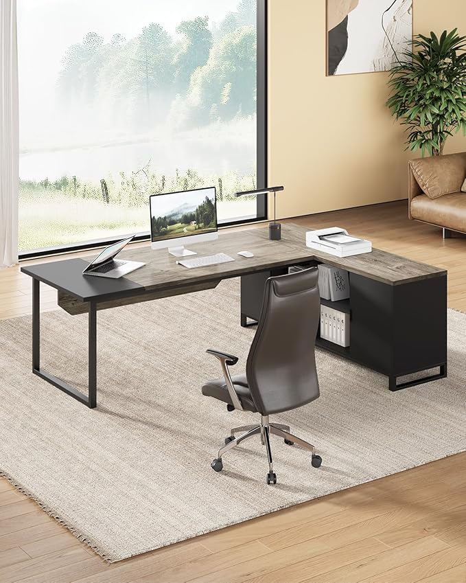 LITTLE TREE 70.8 Inches Executive Desk and 55 Inches File Cabinet Combo Large L Shaped Computer Desk with Storage Cabinet and Shelves Modern Business Furniture for Home Office Grey &amp Black