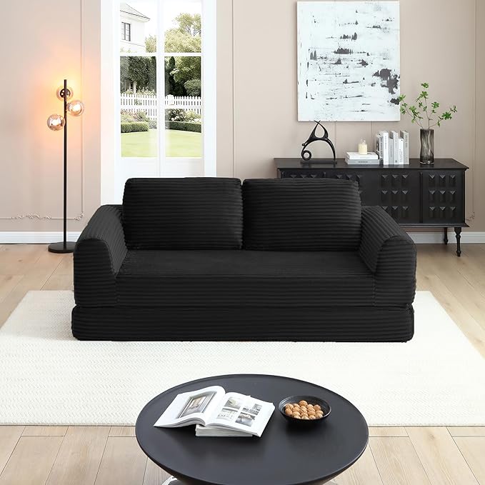 63 Corduroy Boneless Couch 2-Seater Compression Sofa with 2 Throw Pillows No Assembly Required Comfy Loveseat Sofa in a Box Modern Couches for Living Room (Black 82 inch &amp Pull-Out Bed) | Br