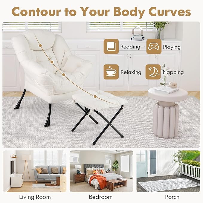 Byroce Lazy Chair with Ottoman Single Sofa Sherpa Chair with PP Cotton Filler Head Pillow &amp Zipper Design Modern Home Office Leisure Set Comfy Lounge Reading Accent Chair for Living Room Bedr