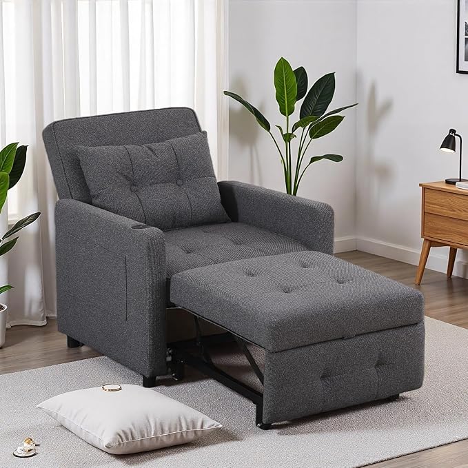 3-in-1 Convertible Sleeper Chair Sleeper Sofa Bed with USB Ports Lazy Sofa Bed with Side Pocket Recliner Chair with Adjustable Backrest for Living Room Apartment Dorm or Office Grey