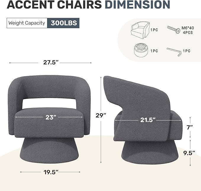 Swivel Accent Chair Modern Comfy Teddy Barrel Chairs Oversized Upholstered Round Arm Chair for Living Room Bedroom Reading Room Dark Grey 1 PCS