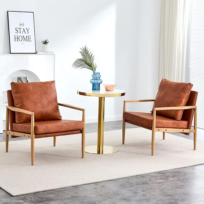 PU Leather Accent Arm Chair Mid Century Modern Upholstered Armchair with Imitation Solid Wood Color Metal Frame Extra-Thick Padded Backrest and Seat Cushion Sofa Chairs for Living Room