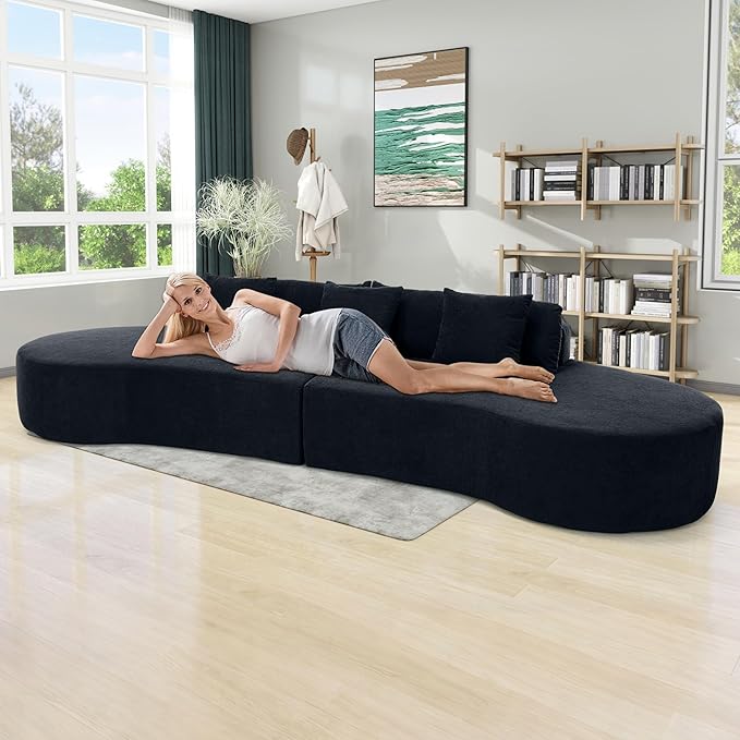 129.9 Oversized Sectional Sofa for Living Room Modern Curved Couch Compressed Modular Cloud Sofa Boneless 4 Seater Couch Large Sectional for Office Apartment- Black