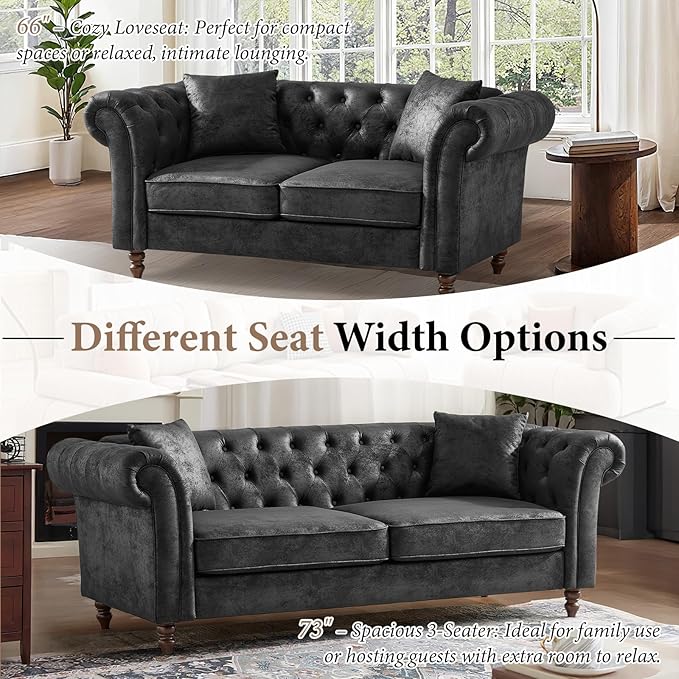 TTK Chesterfield Faux Leather Fabric Sofa Set 2-Seater Loveseat + 3-Seater Couch Combo Upholstered Tufted Rolled Arm Mid Century Modern Sofa Set for Living Room Office Apartment Black