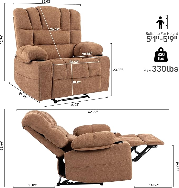 Massage Chair Recliner with HeatManual Recliner Chair for AdultsLazy Boy Recliner Chair with Cup Holder2 PocketsAdjustable BackrestFootrestOversizedHeavy Duty (Brown1)