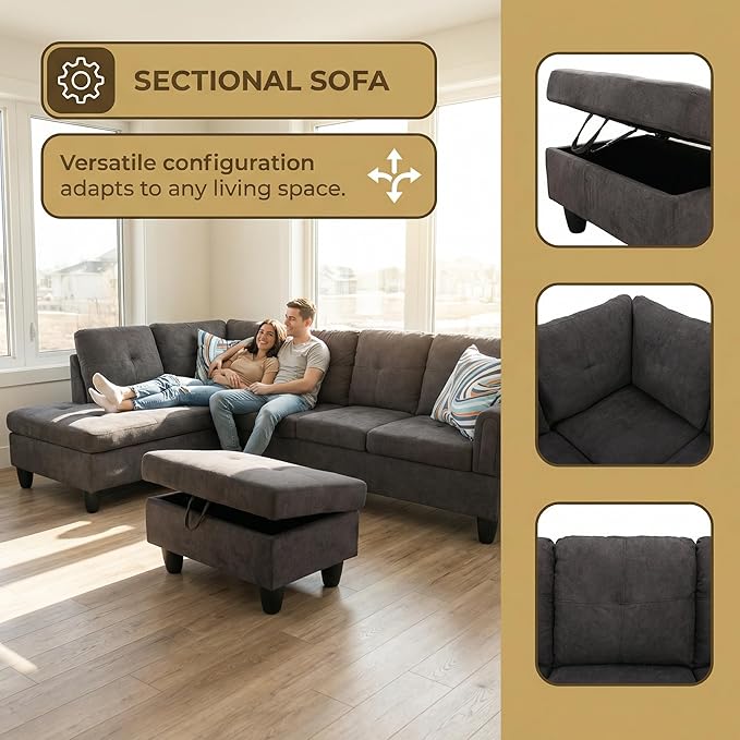 3-Piece L-Shaped Modular Leather Sofa – Convertible Sectional Couch with Movable Chaise &amp Storage Ottoman Multi-Scene Use for Living Room Apartment &amp Office Dark Brown