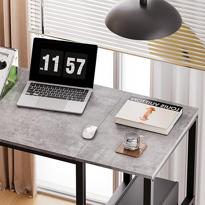 SINPAID Computer Desk 40 inches with 2-Tier Shelves Sturdy Grey Desks with Large Storage Space Modern Gaming Desk Study Writing Laptop Table Gray