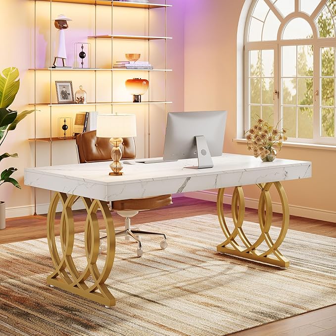 Tribesigns 63-Inch Executive Desk Modern Office Computer Desk with Stylish Gold Legs Rectangular Workstation for Home Office Small Conference Table for Meeting Room (White &amp Gold)