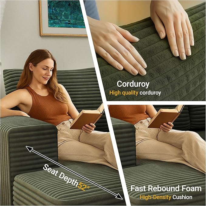 68 Cloud Sectional Sofa Chaise Lounge Chair Plush Corduroy Fabric No Assembly Required Deep Seat for Living Room Bedroom Movie Theater Right Facing Green