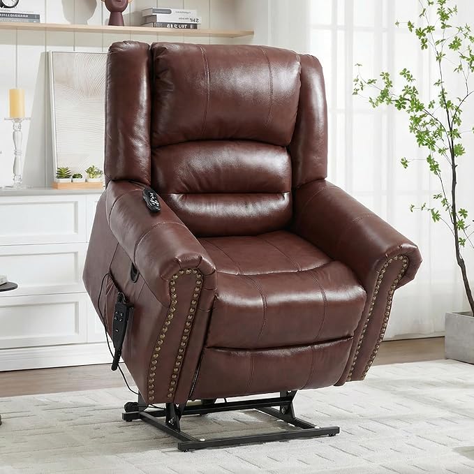 Genuine Leather Power Lift Recliner Chair Lazy Boy Recliner Chair with Charging Ports for Living Room Theater Seating Electric Single Sofa with Round Armrest Red