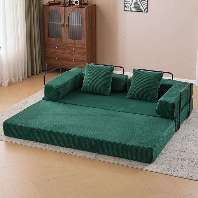 77 Convertible Sleeper Sofa Bed with Fixed-Shape Frame Modern Corduroy Folding Boneless Couch with 2 Pillows Comfy Floor Sofa Couch for Living Room No Assembly Required Emerald Green