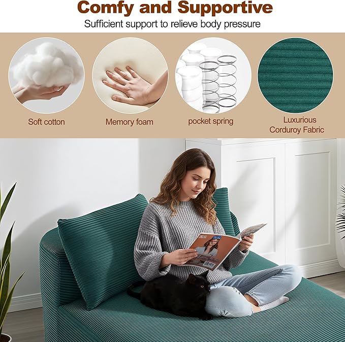 Chaise Lounge Chair Indoor 67.5 Oversized Boneless Couch Could Comfy Upholstered Sleeper Sofa Bed Corduroy Plush Modern Curved Floor Sofas Chair with 2 Pillows for Readng Living Room Bedroom Apartment