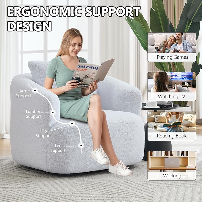 KEIKI 37.4 Oversized 360 Degree Swivel Chair Large Barrel Chairs Upholstered Round Swivel Chair Teddy Fleece Single Sofa Armchair Sleeper Couch for Living Room Lounge White