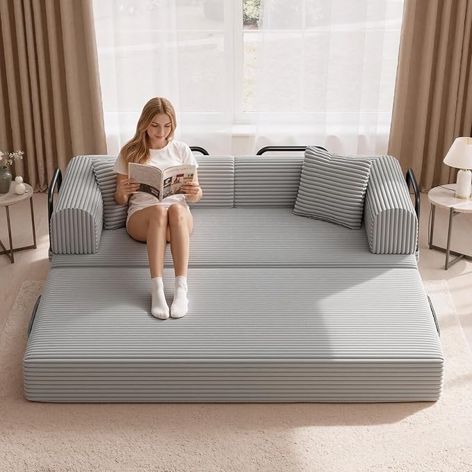 Convertible Coarser Corduroy Sleeper Sofa Bed with Cylindrical Pillow Folding Mattress Couch with Fixed-Shape Frame Floor Sofa Lounge Couch for Living Room Bedroom Lounge Studio Grey