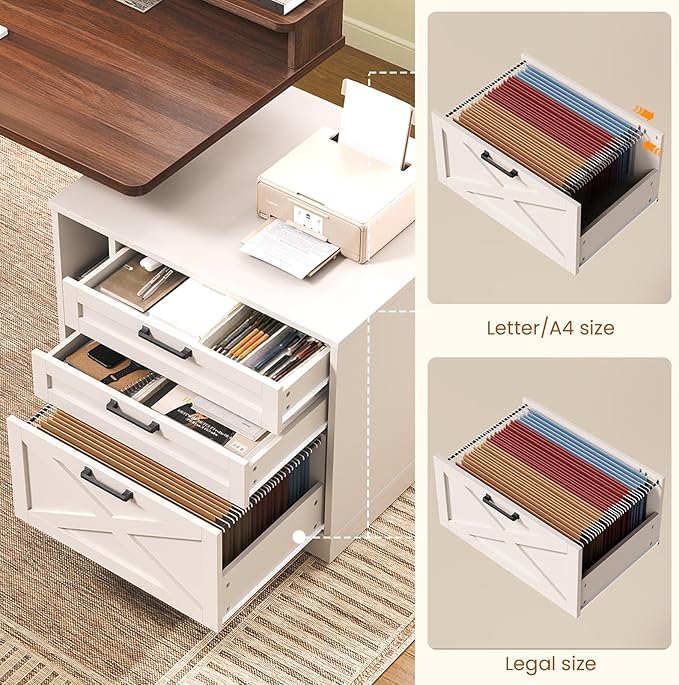 SEDETA Farmhouse Electric Standing Desk 55 Height Adjustable Computer Desk with 3 Drawers File Cabinet Storage Shelves Power Outlets Wood Home Office Desk for Work Study Writing White
