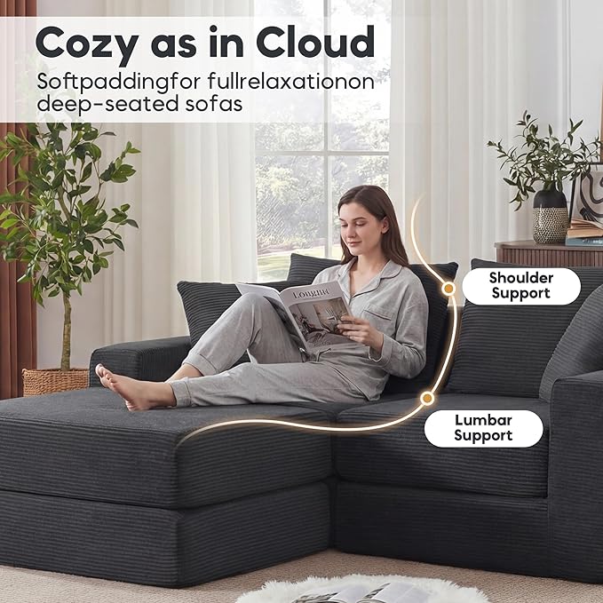 L-Shaped Modular Sofa Bed with Ottoman Corduroy Folding Floor Convertible Sofa Couch Bed Boneless Combination Design Loveseat Sleeper Couch for Living Room Grey