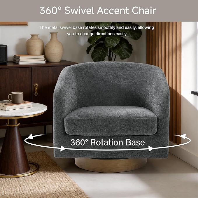 Swivel Barrel Chairs Set of 2 31 W Modern Round Swivel Accent Chair for Living Room 360° Rotation Upholstered Chenille Fabric Armchair Club Chair for Bedroom Reading Room Office (Gray)