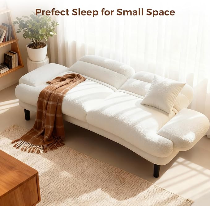 79” Futon Sofa Bed Sleeper Sofa Convertible Sofa Bed with Adjustable Backrest and Armrests Faux Sherpa Cloud Loveseat Convertible Recliner Sleeper Sofa for Living Room Bedroom Apartment Beige