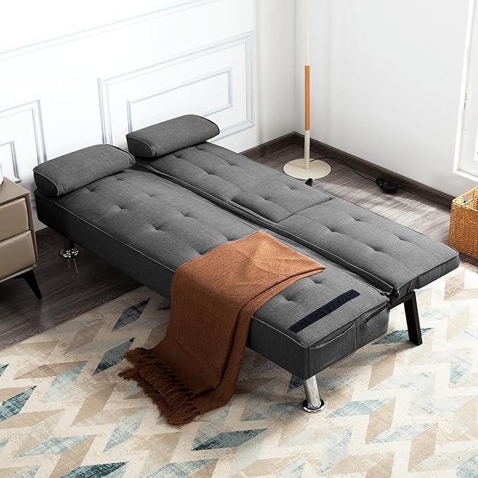 Sofa Bed Adjustment Sofa Double-Sided Double Sofa Folding Sofa Bed GuestbedcupholderBed Modern PU and Polyester Lounge Chair (Dark Grey)