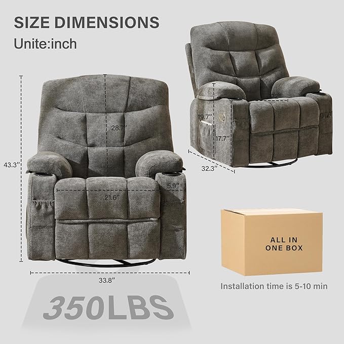 Manual 360°Swivel Rocker Recliner Chair Set of 2Single Recliner Seat with Cup HoldersRecliner Chairs for Adults Upholstered Fabric Lazy Boy Recliner for BedroomLiving RoomGrey