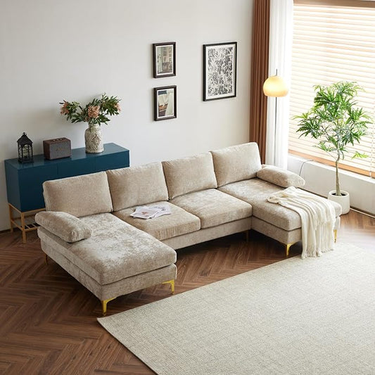 Karl home Convertible Sectional Sofa 110 U-Shape Sofa Couch 4-Seat Couch with Chaise ChenilleFabric Upholstered for Living Room Apartment Office Camel