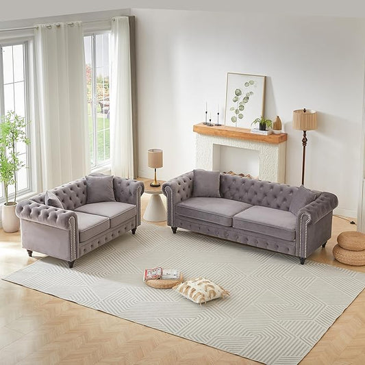 2 Piece Mid Century Modern Couch Set Retro Button Tufted Chesterfield Sofa muebles para la sala Comfy Deep Seat Upholstered Office Furniture Living Room Sofas Set (Grey Velvet Couch and Loveseat)
