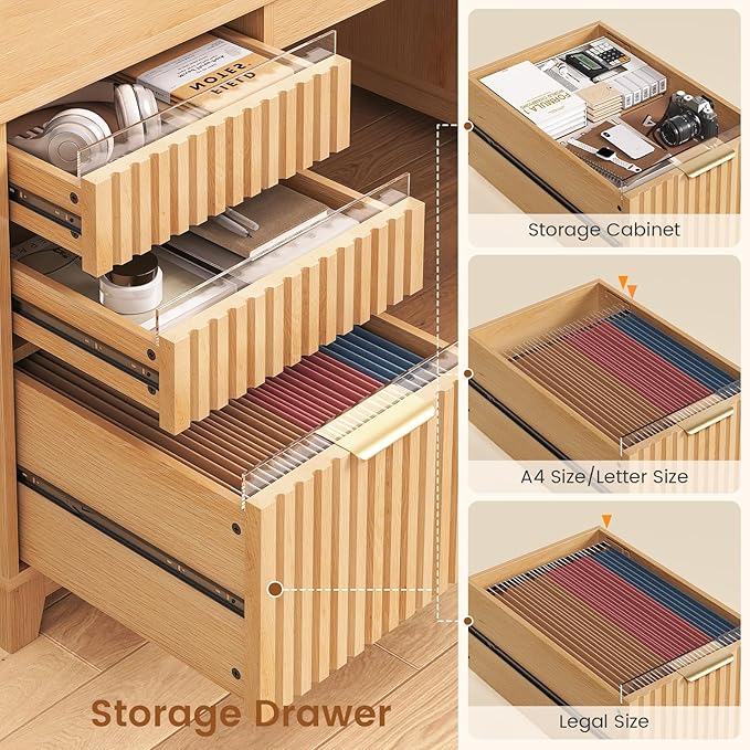 SEDETA 55.1 Fluted Office Desk with 6 Drawers Modern Executive Desk with Acrylic File Drawers Computer Desk with Power outlets for Home Office and Study Natrual