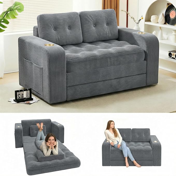55 Futon Sofa Bed 4‑in‑1 Convertible Sofa Bed Folding Boneless Couches for Living Room Fold Out Small Foldable Loveseat Floor Sleeper Comfy Mattress Lounge Space‑Saving Grey