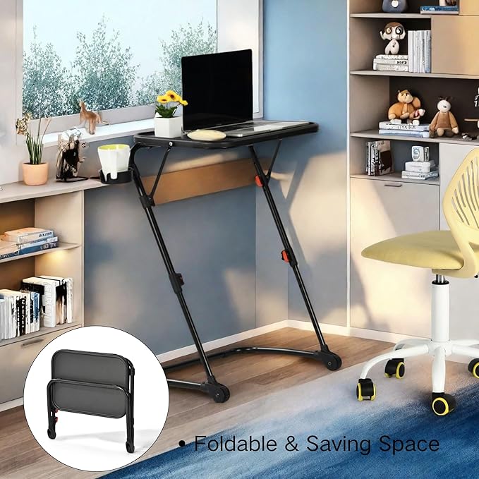 Homy Casa Adjustable Z Shaped Study Desk with Cup Holder Space Saving Portable Laptop Foldable Table for Home Office Living Room &amp Bedroom Sturdy Metal Frame &amp PP Top Black 4PCS