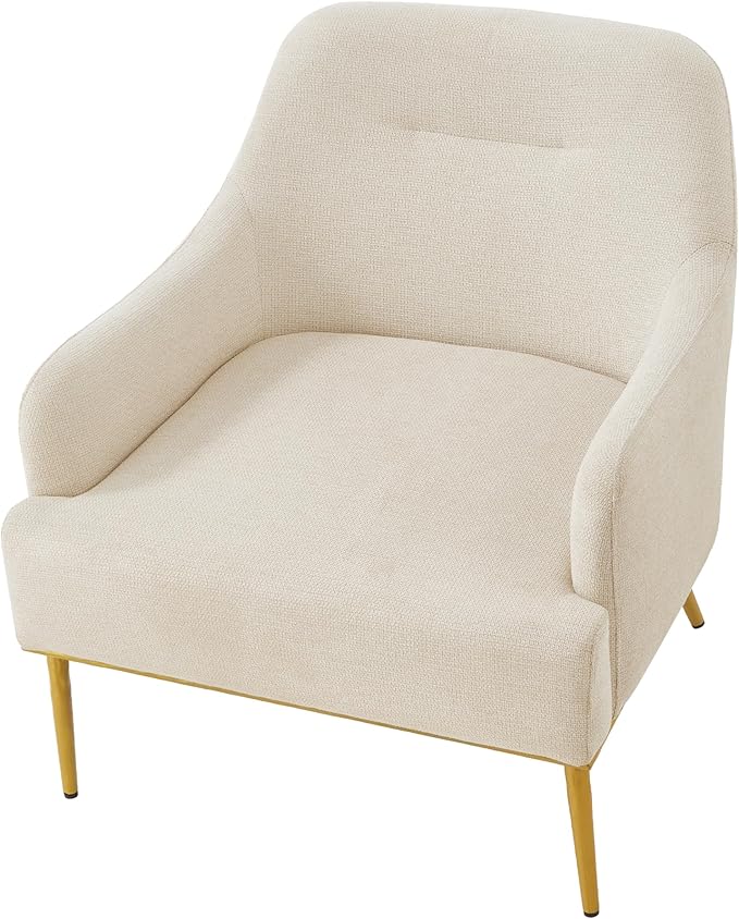 Modern Accent Chair with Curved Backrest Chenille Fabric Upholstered Armchair with Gold Metal Legs Single Sofa Chair for Living Room Reading Corner (Beige14)
