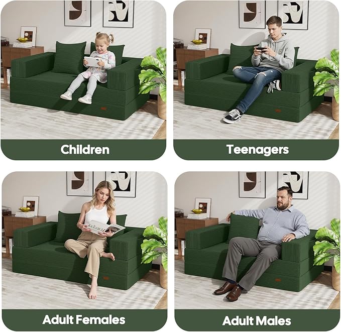 COMAX Futon Sofa Bed 4‑in‑1 Convertible Sofa Bed Folding Boneless Couches for Living Room Fold Out Small Foldable Loveseat Floor Sleeper Comfy Mattress Lounge Space‑Saving Green