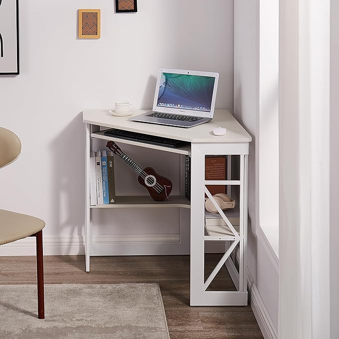 VECELO Corner Computer Desk 41 x 30 inches with Smooth Keyboard &amp Storage Shelves for Home Office Workstation White