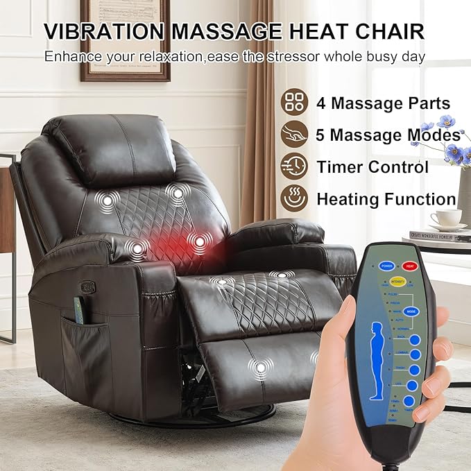 Power Swivel Rocker Recliner Chair for Adults with Heat and Massage LED Lights USB-A and USB-C Ports Electric Glider Recliner Nursery Chair for Living Room (Brown Set of 2)