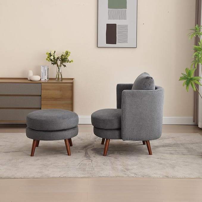 Generic 30.7 Wide Accent Chair with Ottoman Armchair Upholstered Reading Chair Single Sofa with Wooden Leg and Throw Pillow for Living Room Bedroom Dorm Room Office Charcoal Polyester Blend