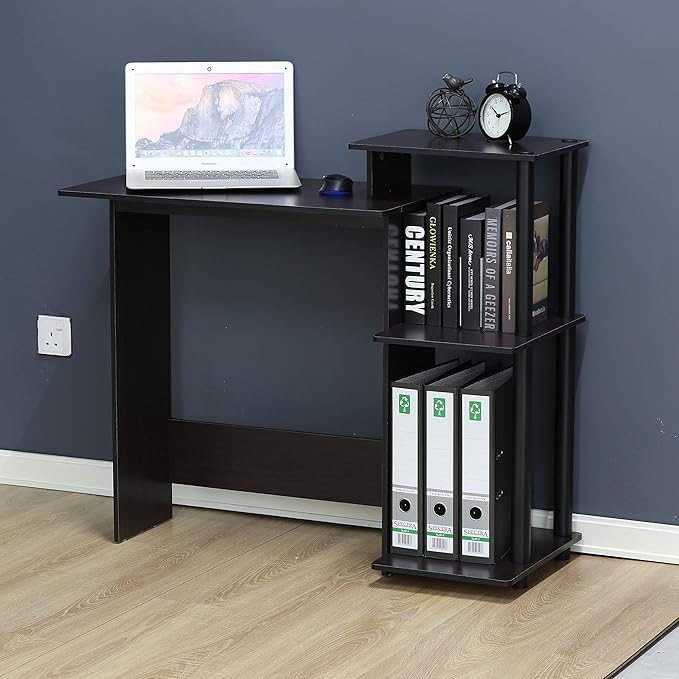 Furinno EFFICIENT Desk 28.6 Wide Gaming Desk with 3 Open Side Shelves Laptop Notebook Computer Desk Office Desk for Home Office Study Room Dorm Bedroom Dark Walnut