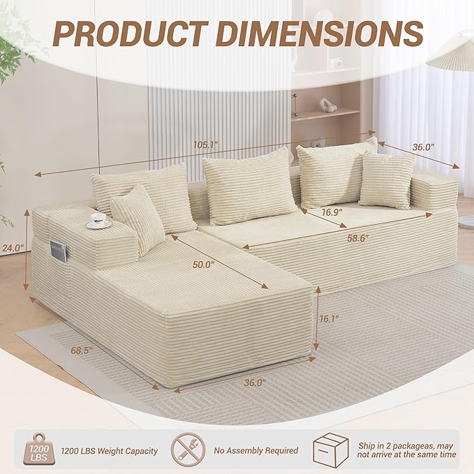 105'' Boneless Cloud Sectional Corduroy Sofa Couch Set for Living Room Bedroom Apartment Beige