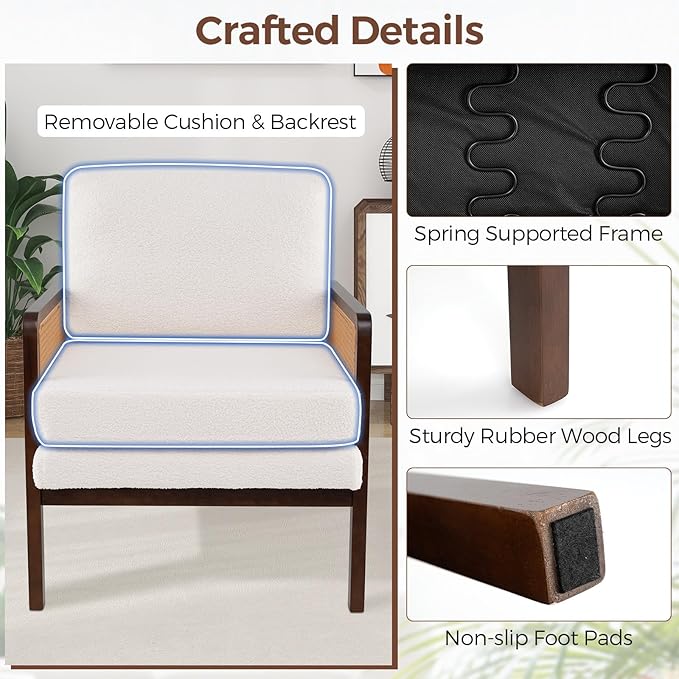 Giantex Mid Century Modern Accent Chair Set of 2 Boho Boucle Living Room Arm Chair w/Rattan Arms Wooden Frame Thick Cushion Pillow Sherpa Reading Side Chair for Bedroom Balcony Brown + Beige