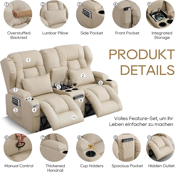 DRMBOOK RV Loveseat Recliner Sofa Double Wall Hugger Reclining Couches Manual Reclinable Movie Seating 2 Person Recliner for Travel Trailer (Leathaire Beige 2 Seater with Standard Console)