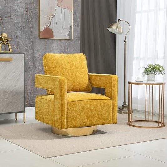 30.7 W Swivel Accent Open Back Chair Modern Comfy Sofa Chair with Gold Stainless Steel Base for Nursery Bedroom Living Room Hotel Office Club Chair Leisure Arm Chair for Lounge (Mustard Chenille)