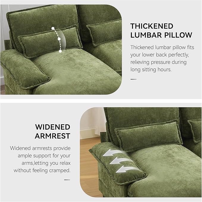 125 U Shaped Cloud Modular Sectional Couch for Living Room Small Comfy Chenille Sofa with Double Chaise Lounge Storage Central Console Cup Holders USB PortGreen
