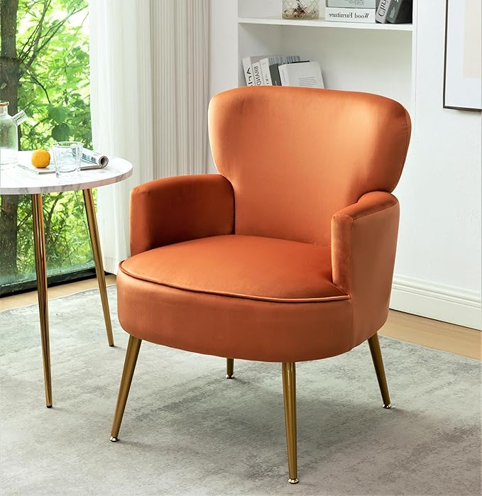 Trendy Velvet Accent Chair with Gold Metal Legs Upholstered Armchair for Small to Mid-Size Spaces Modern Living Room Bedroom Vanity Desk and Entryway Red Orange