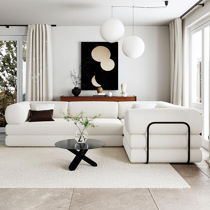 115''W Modular Sofa Bed in Corduroy Fabric L Shaped Sectional Couches Modern Upholstered Couches with Iron Frame Support 4 Independent Mattresses 3 Wedge Cushions and 1 Flat Cushion (Beige/22)