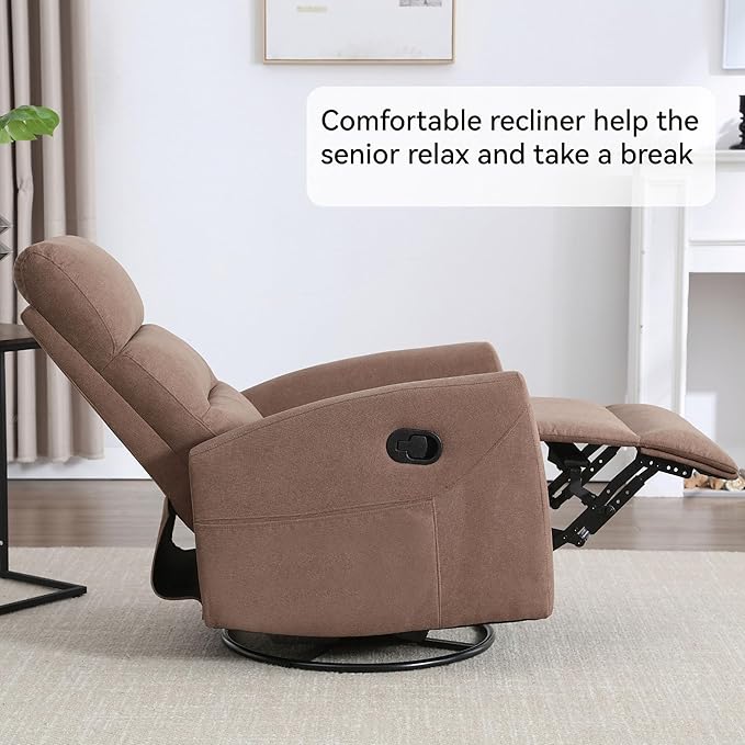 Slim Swivel Rocking Chair Recliner with PocketsLazy Boy Recliners for for AdultsSmall Recliner Chair for Small Spaces Manual Reclining Chairs for Living Room Bedroom Adjustable Backrest (Brown)