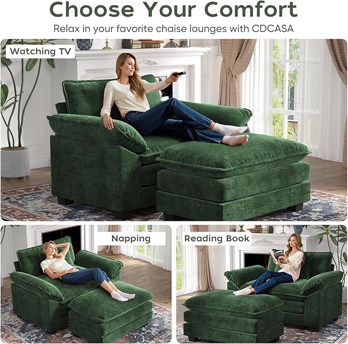 CDCASA Oversized Accent Chair with Ottoman Chenille Comfy Cloud Sofa Chair with Large Seat and Upholstered Armrests Modern Extra Wide Armchair Reading Chairs for Bedroom Living RoomSet of 2Green