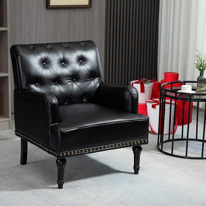 MOJAY Faux Leather Accent Chair Mid-Century Armchair Living Room Sofa Chair with Rubber Wood Leg Club Chair with Rivet Trim for Bedroom Reading Room Reception (Black)