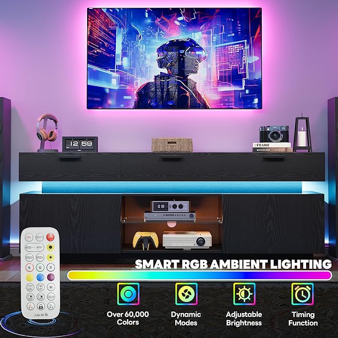 LIKIMIO Black TV Stand for TVs 85 inch Entertainment Center with Power Outlets &amp LED Lights TV Media Console Table with Cabinets Drawers and Open Storage Shelves Modern TV Stand for Living Roo