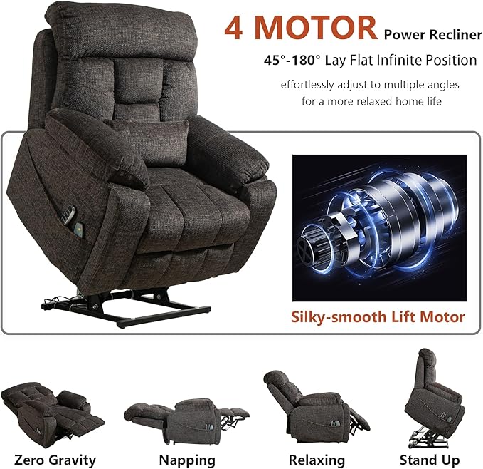 4 Motor Power Lift Recliner Chair for Elderly 400LBS Big Man Oversized Lay Flat Recliner with Massage Heat Zero Gravity Electric Lift Chair Adjustable Headrest Cup HoldersDark Grey