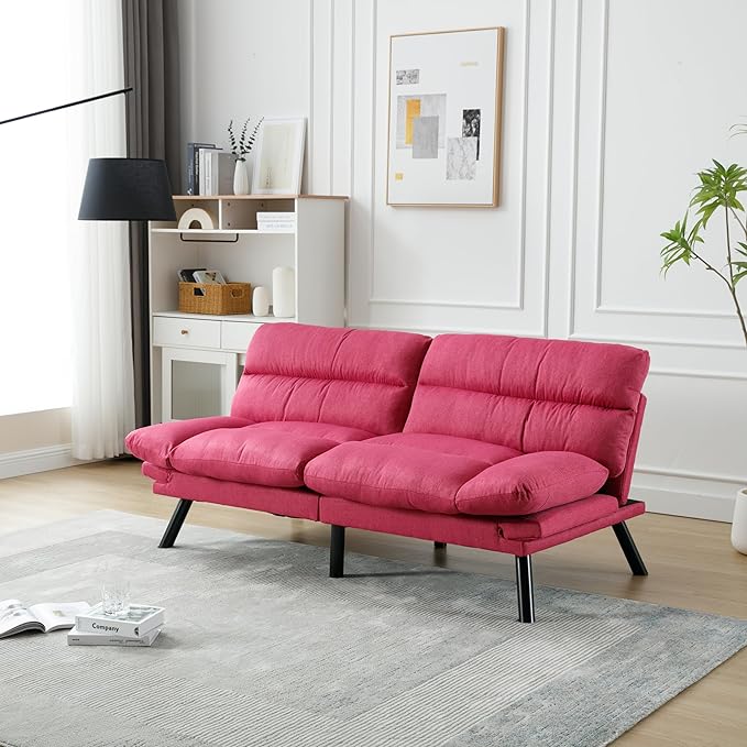 70“Futon Sofa BedConvertible Folding Futon Couch Breathable Small CouchUpholstered Double Loveseat Bed for Compact Living Studio in Room and BedroomOfficesFamilyDorm (Rose Red Linen)