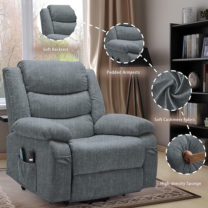 Oversized Power Lift Recliner for Elderly Electric Recliner Chairs with Massage and Heat Extra Wide Recliner with Side Pockets Reclining Chair for Living Room (Imitation Cashmere Grey)