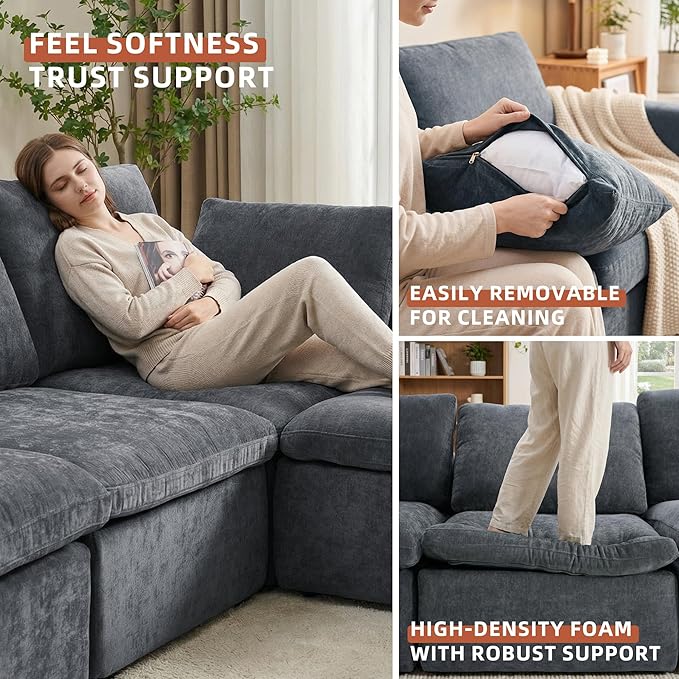 Boneless Couch with Ottoman 110 L-Shaped Cloud Sectional Sofa Modular Convertible Cloud Couch for Living Room Deep Seat Chenille Set (Dark Gray 3 Seater + 1 Ottoman)
